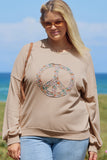 Pale Khaki Floral Peace Sign Graphic Washed Terry Plus Size Sweatshirt - Aaria Tees Aaria Tees