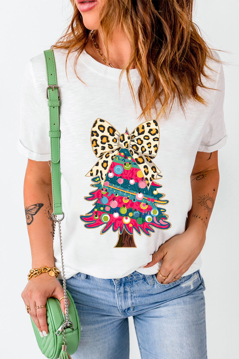 White Leopard Bow Décor Christmas Tree Graphic Crew Neck Tee - Aaria Tees Aaria Tees