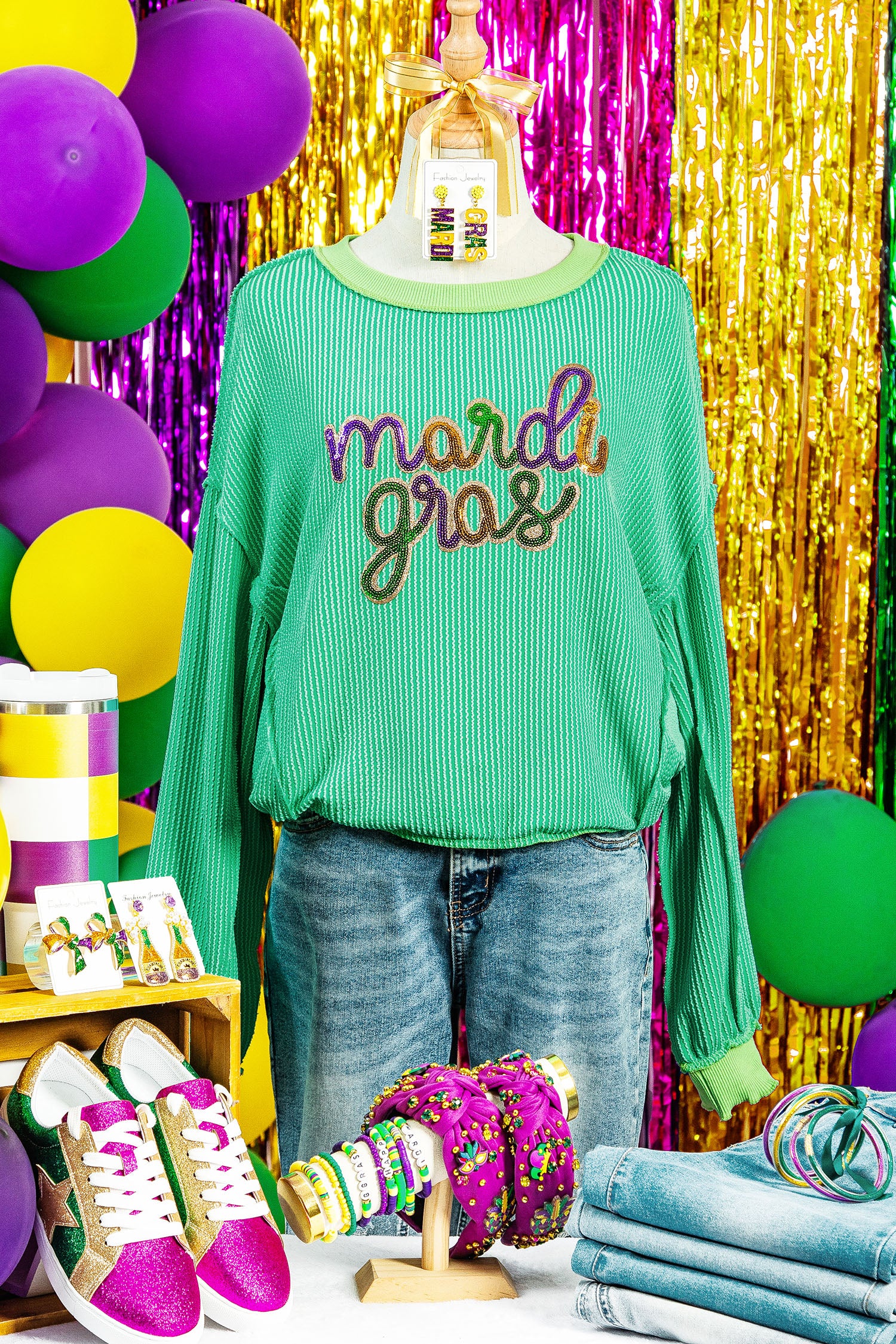 Bright Green Twisted Ribbed mardi gras Sequin Graphic Exposed Seam Patchwork Pullover Top - Aaria Tees Aaria Tees