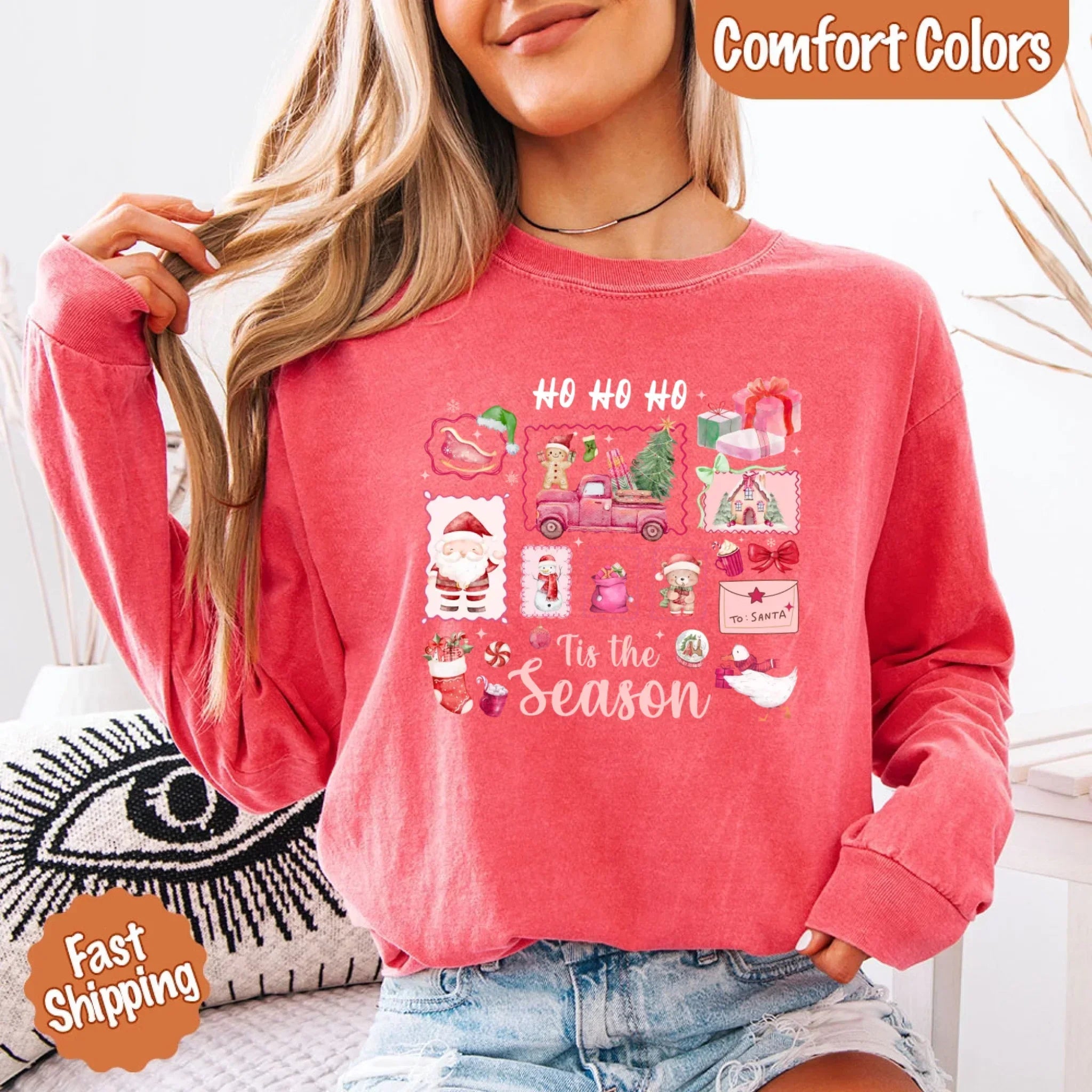 Comfort Colors Long Sleeve Ho Ho Ho Tis The Season Christmas Shirt - Aaria Tees Aaria Tees