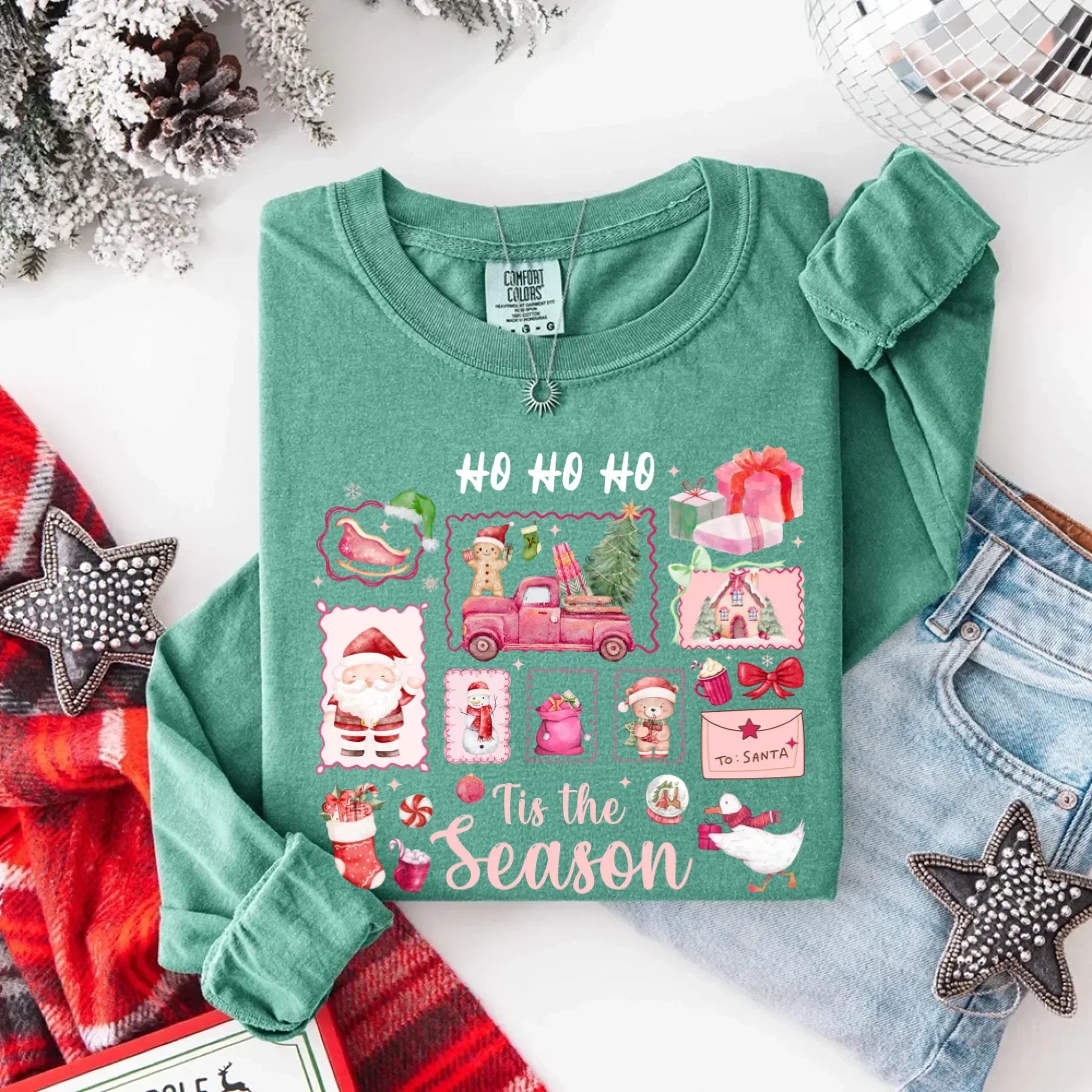 Comfort Colors Long Sleeve Ho Ho Ho Tis The Season Christmas Shirt - Aaria Tees Aaria Tees