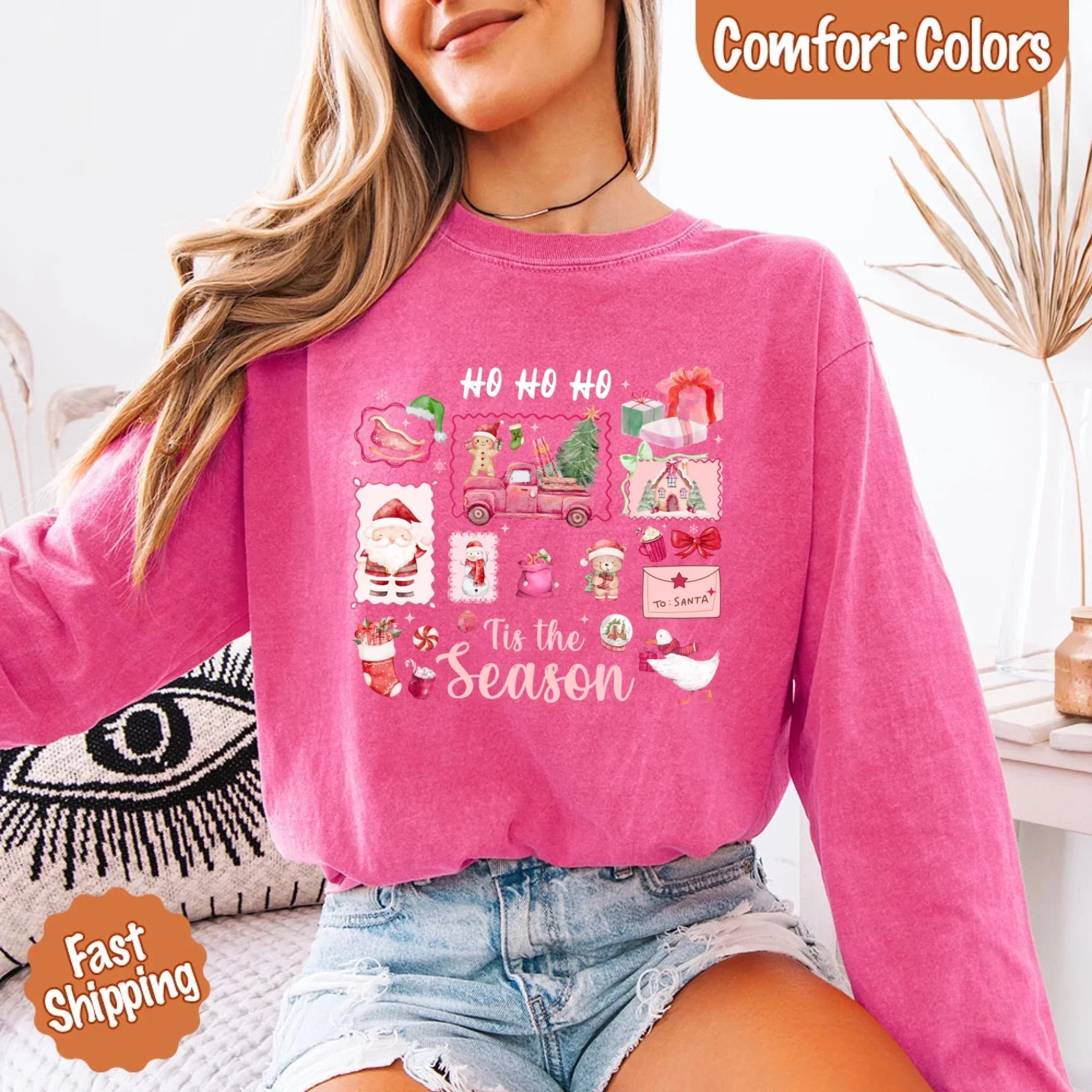 Comfort Colors Long Sleeve Ho Ho Ho Tis The Season Christmas Shirt - Aaria Tees Aaria Tees