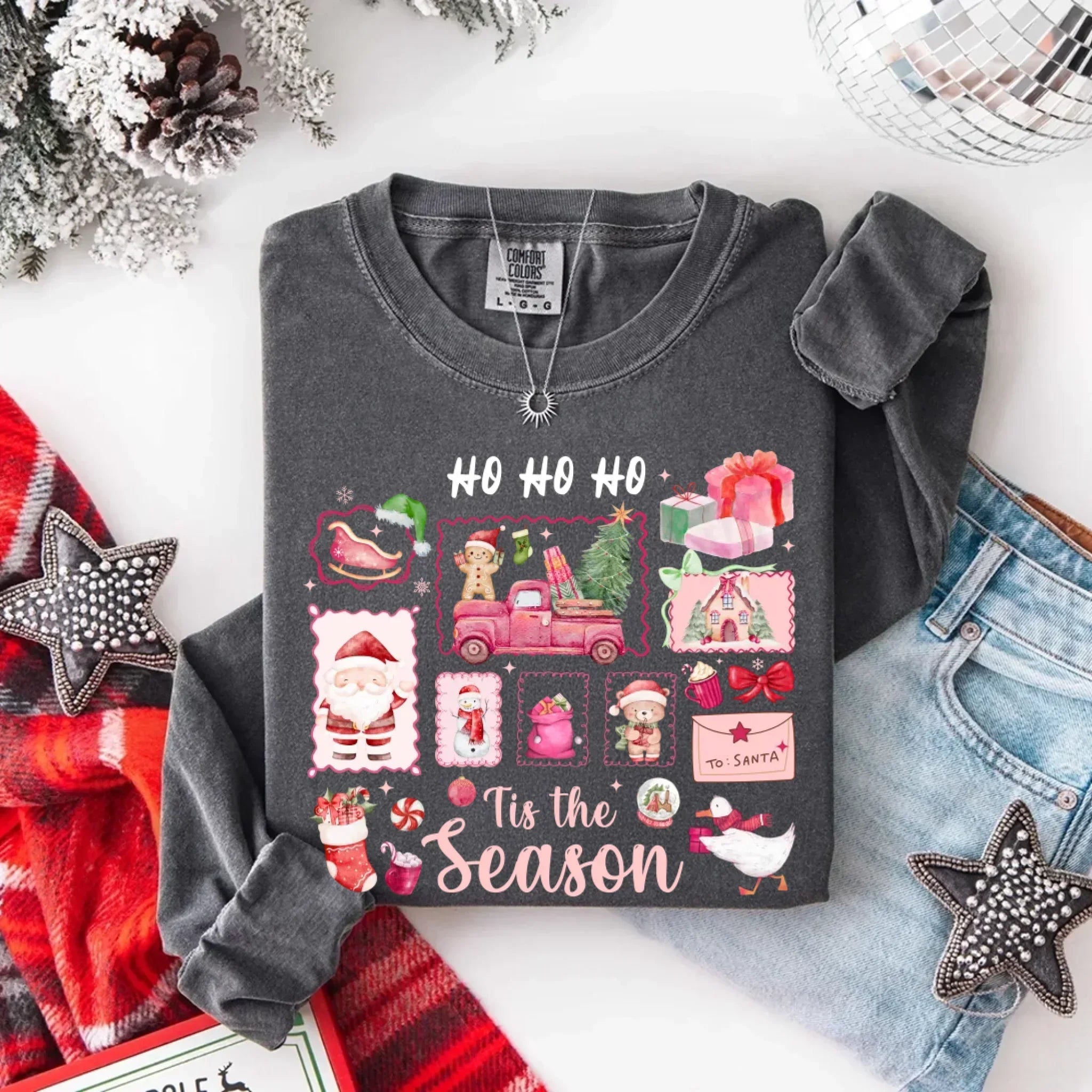 Comfort Colors Long Sleeve Ho Ho Ho Tis The Season Christmas Shirt - Aaria Tees Aaria Tees