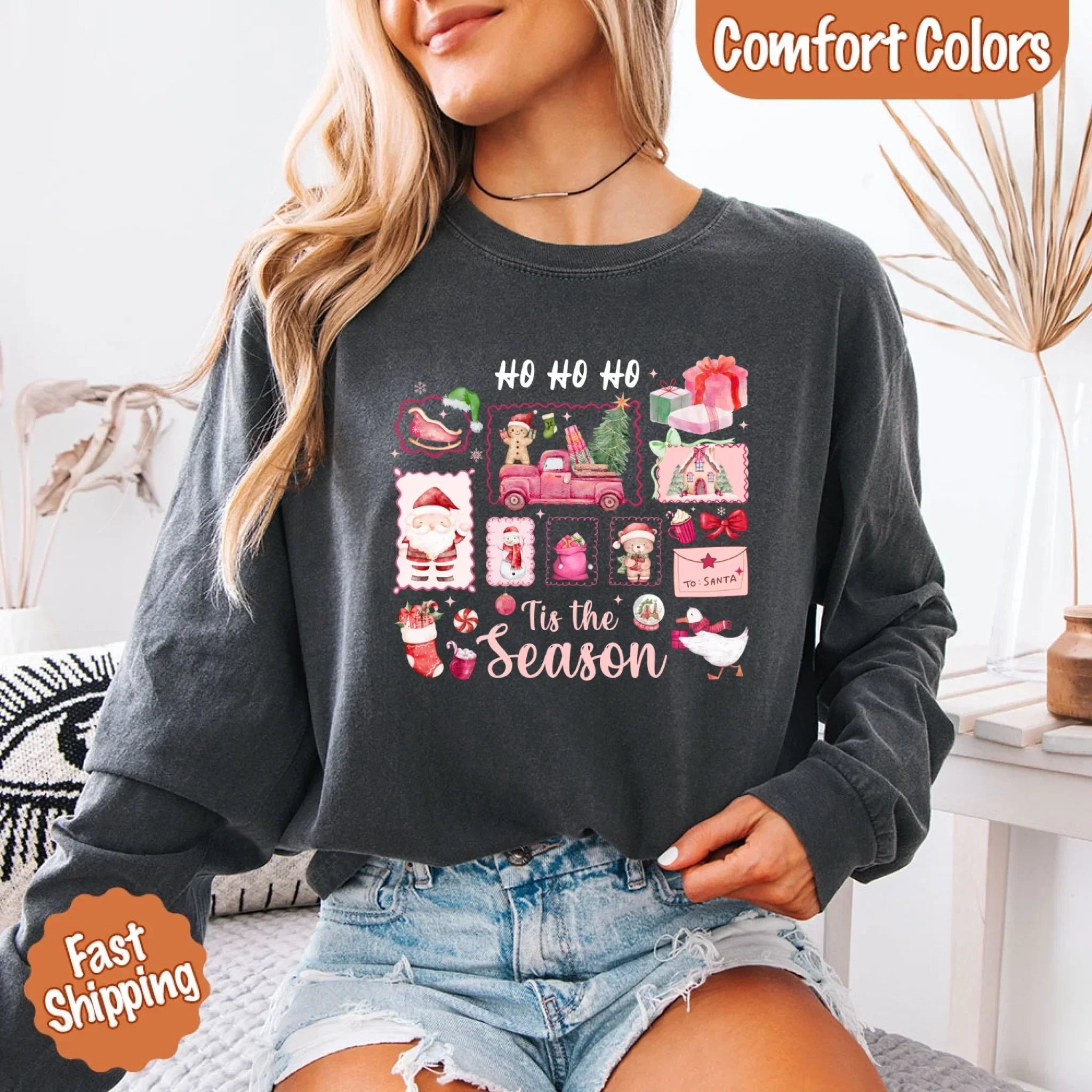 Comfort Colors Long Sleeve Ho Ho Ho Tis The Season Christmas Shirt - Aaria Tees Aaria Tees