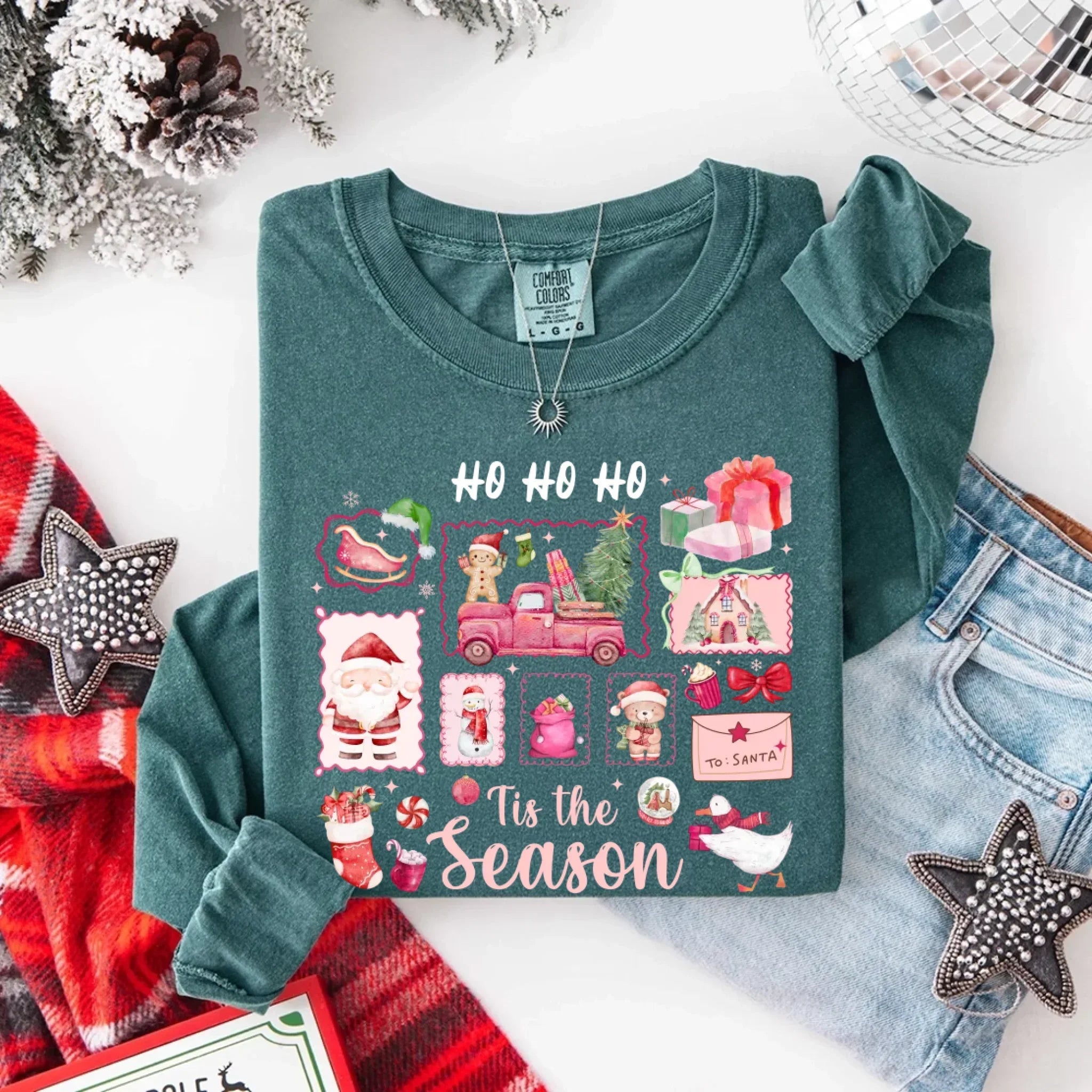 Comfort Colors Long Sleeve Ho Ho Ho Tis The Season Christmas Shirt - Aaria Tees Aaria Tees