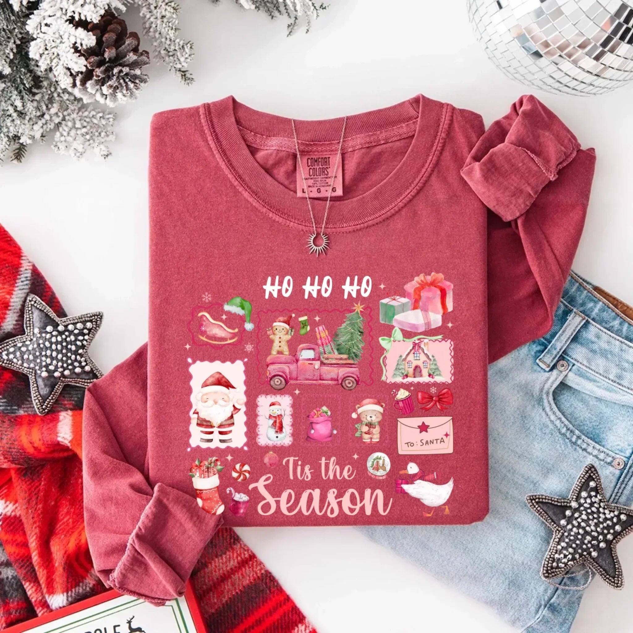Comfort Colors Long Sleeve Ho Ho Ho Tis The Season Christmas Shirt - Aaria Tees Aaria Tees