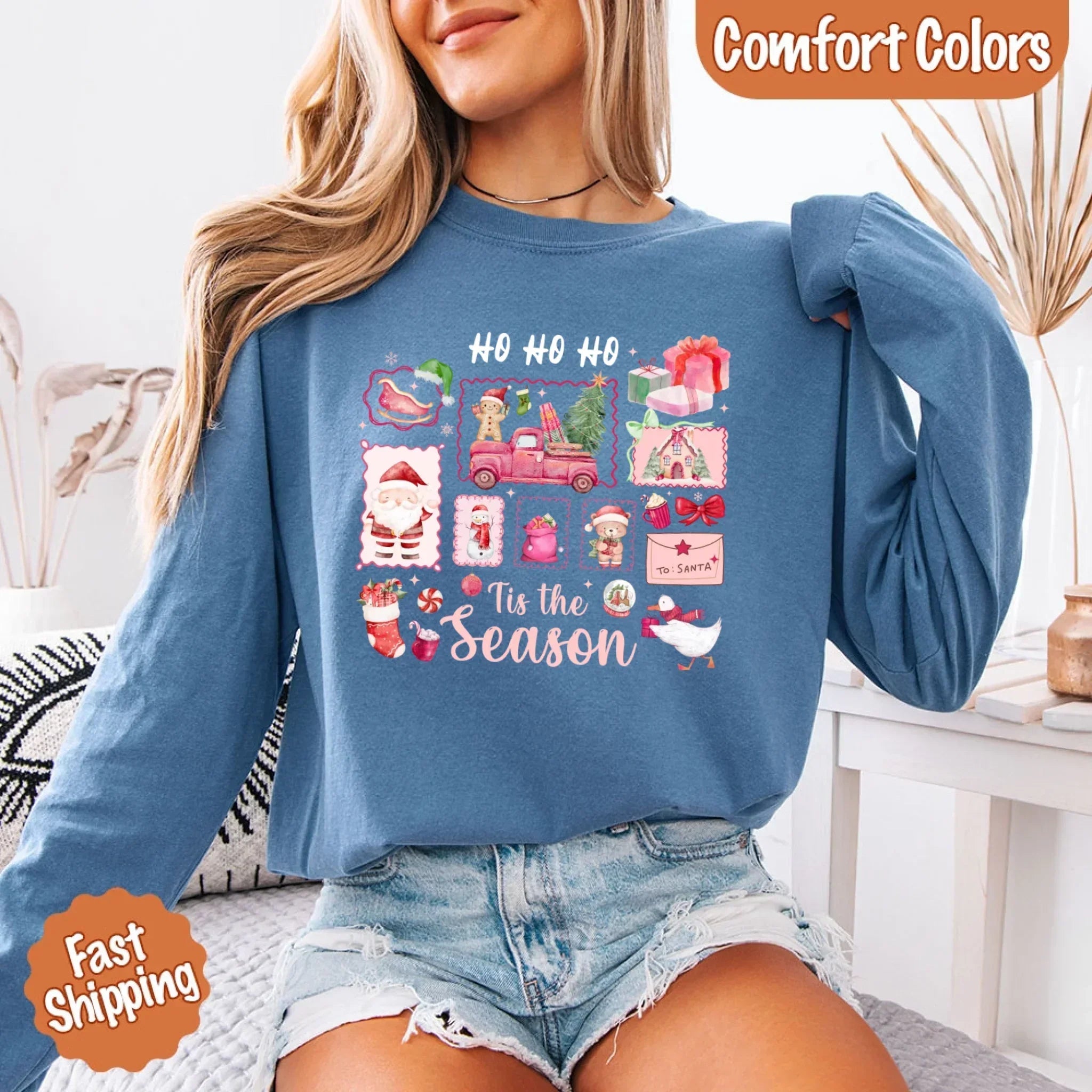 Comfort Colors Long Sleeve Ho Ho Ho Tis The Season Christmas Shirt - Aaria Tees Aaria Tees