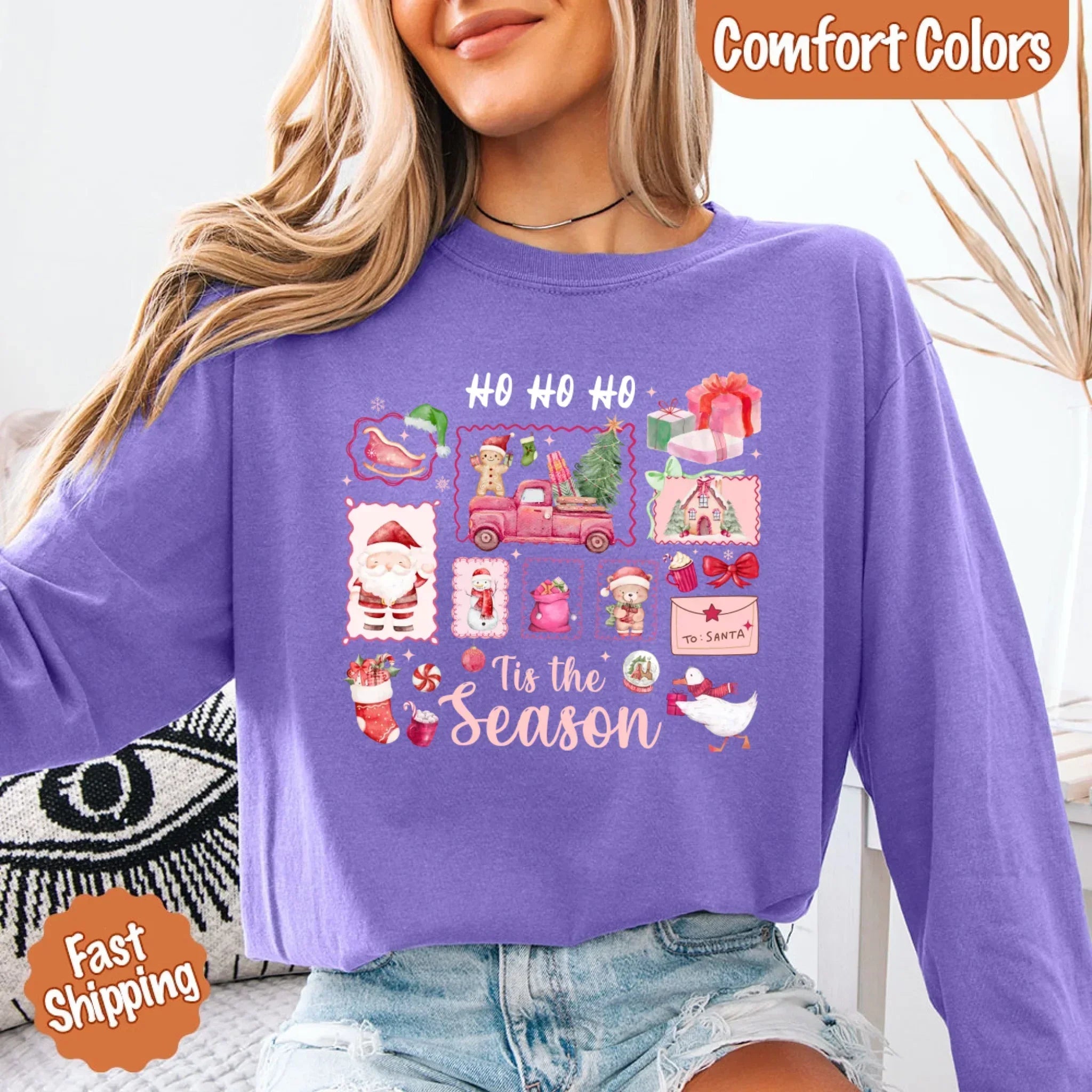 Comfort Colors Long Sleeve Ho Ho Ho Tis The Season Christmas Shirt - Aaria Tees Aaria Tees