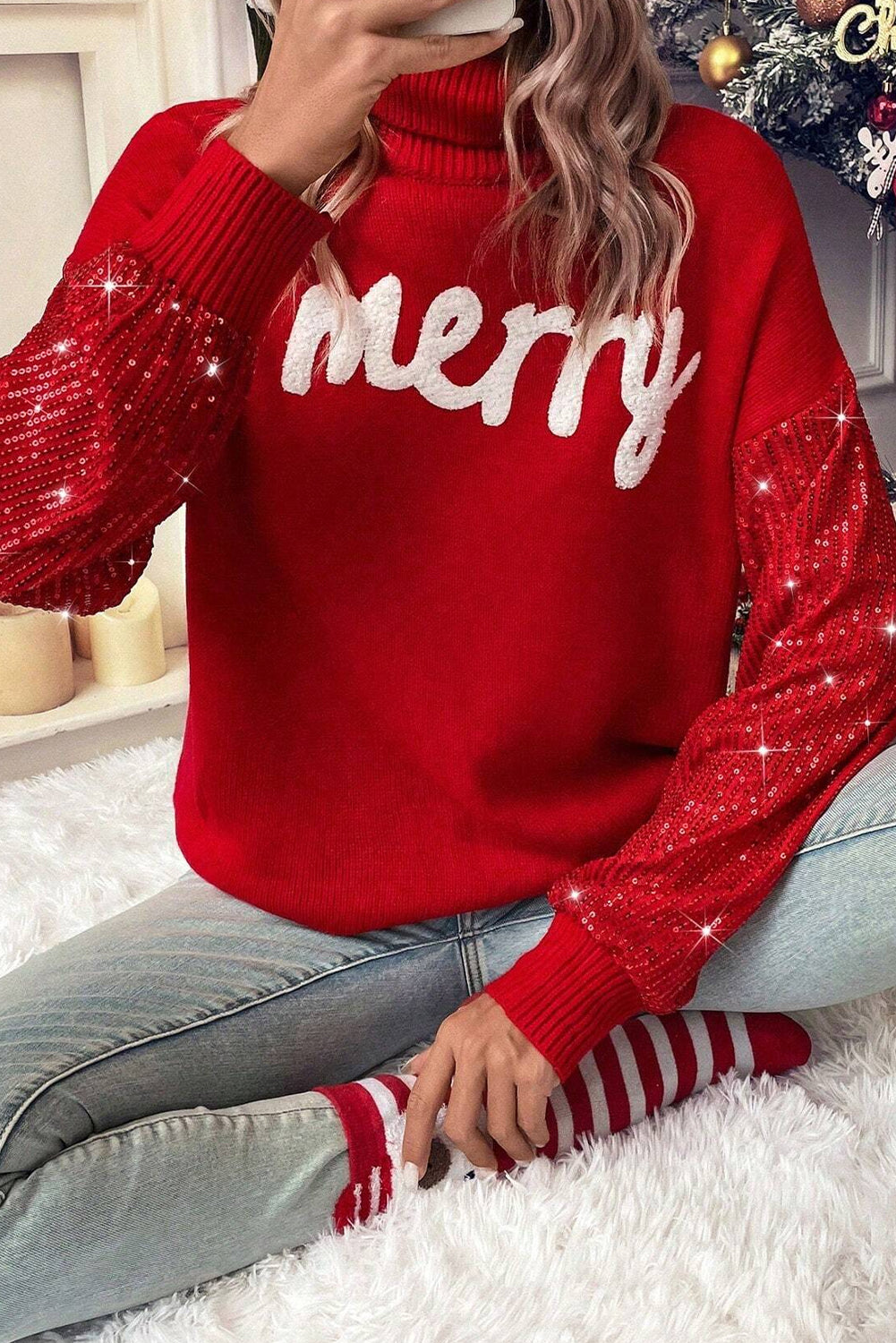 Racing Red Merry Graphic Sequin Sleeves Christmas Turtleneck Sweater - Aaria Tees