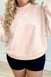 Light Pink BLESSED Embroidered Trim Patch Graphic Plus Size Mock Neck Sweatshirt - Aaria Tees Aaria Tees