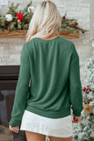 Blackish Green Twisted Rib Outlined Merry Letter Graphic Loose Long Sleeve Top Aaria Tees