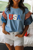 Beau Blue USA Chenille Lettering Stars and Stripes Patchwork Sleeve Top Aaria Tees