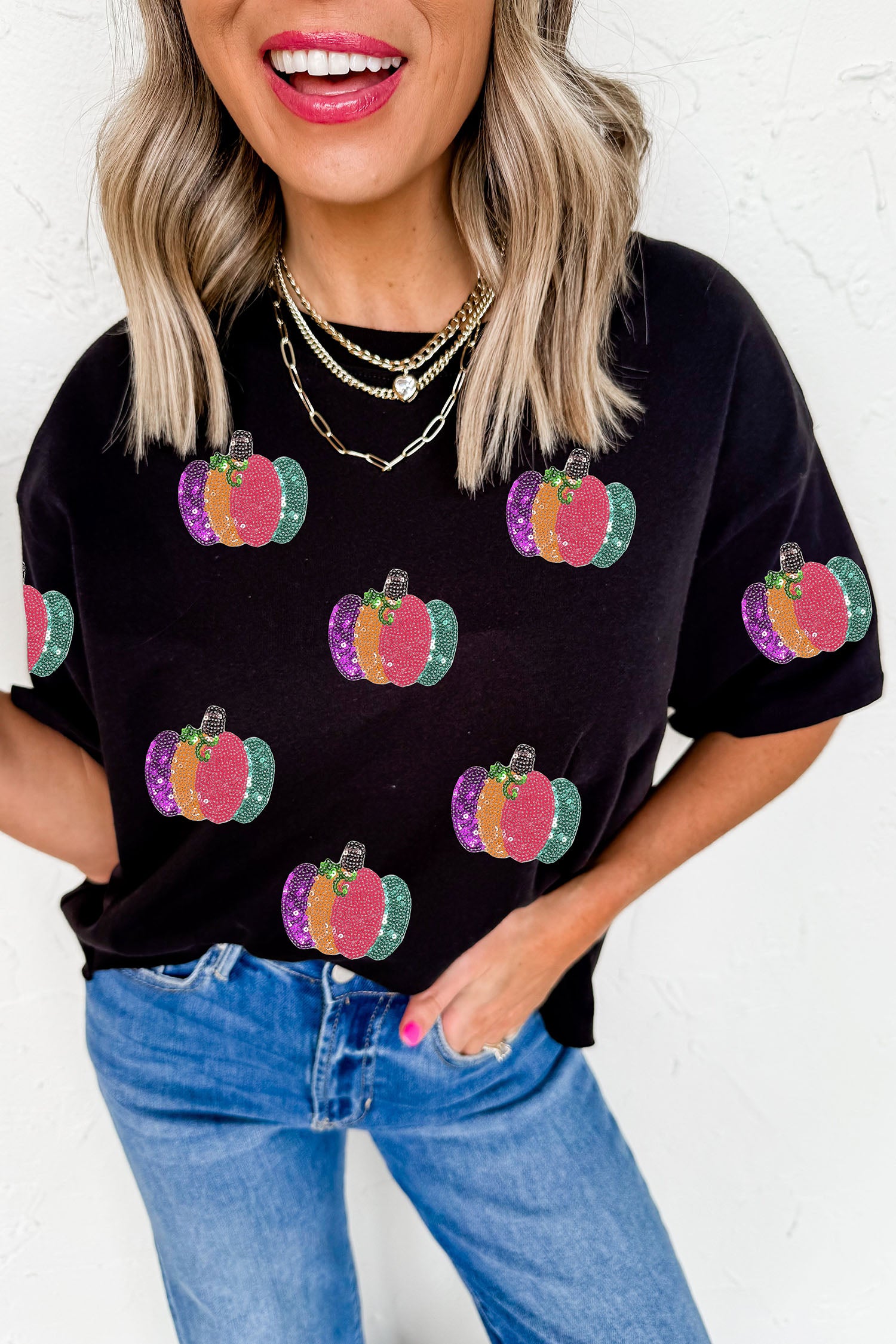 Black Sequined Pumpkin Graphic Round Neck Casual T Shirt - Aaria Tees Aaria Tees