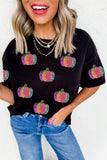 Black Sequined Pumpkin Graphic Round Neck Casual T Shirt - Aaria Tees Aaria Tees