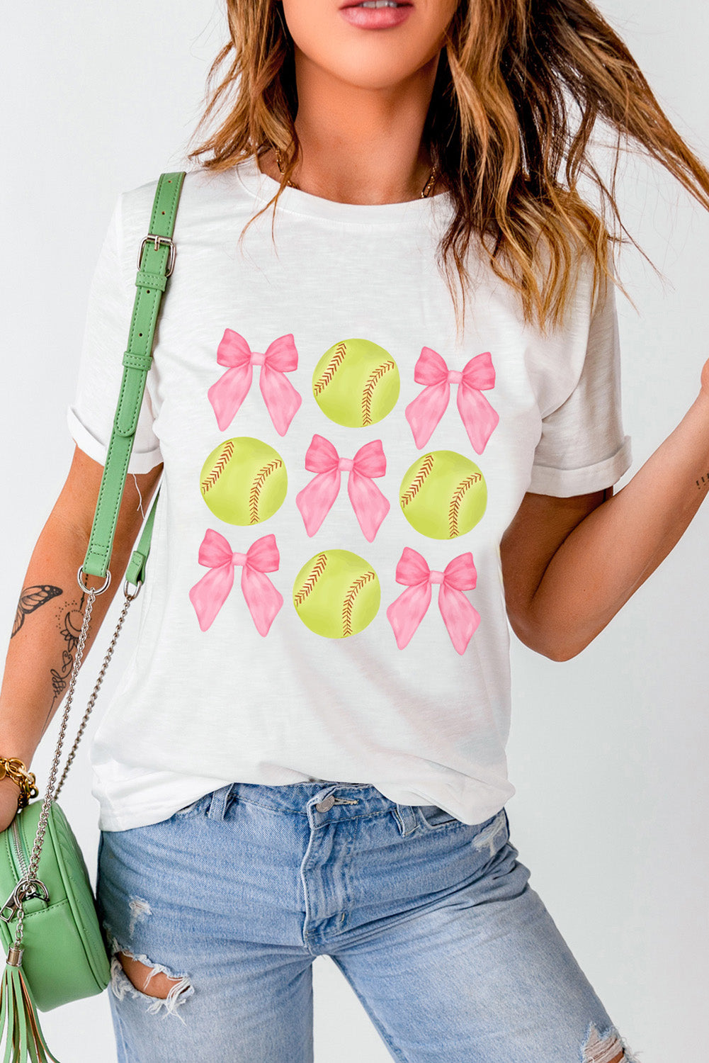 White Bow Tie Baseball Print Round Neck Casual Tee - Aaria Tees Aaria Tees