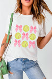 White Bow Tie Baseball Print Round Neck Casual Tee - Aaria Tees Aaria Tees