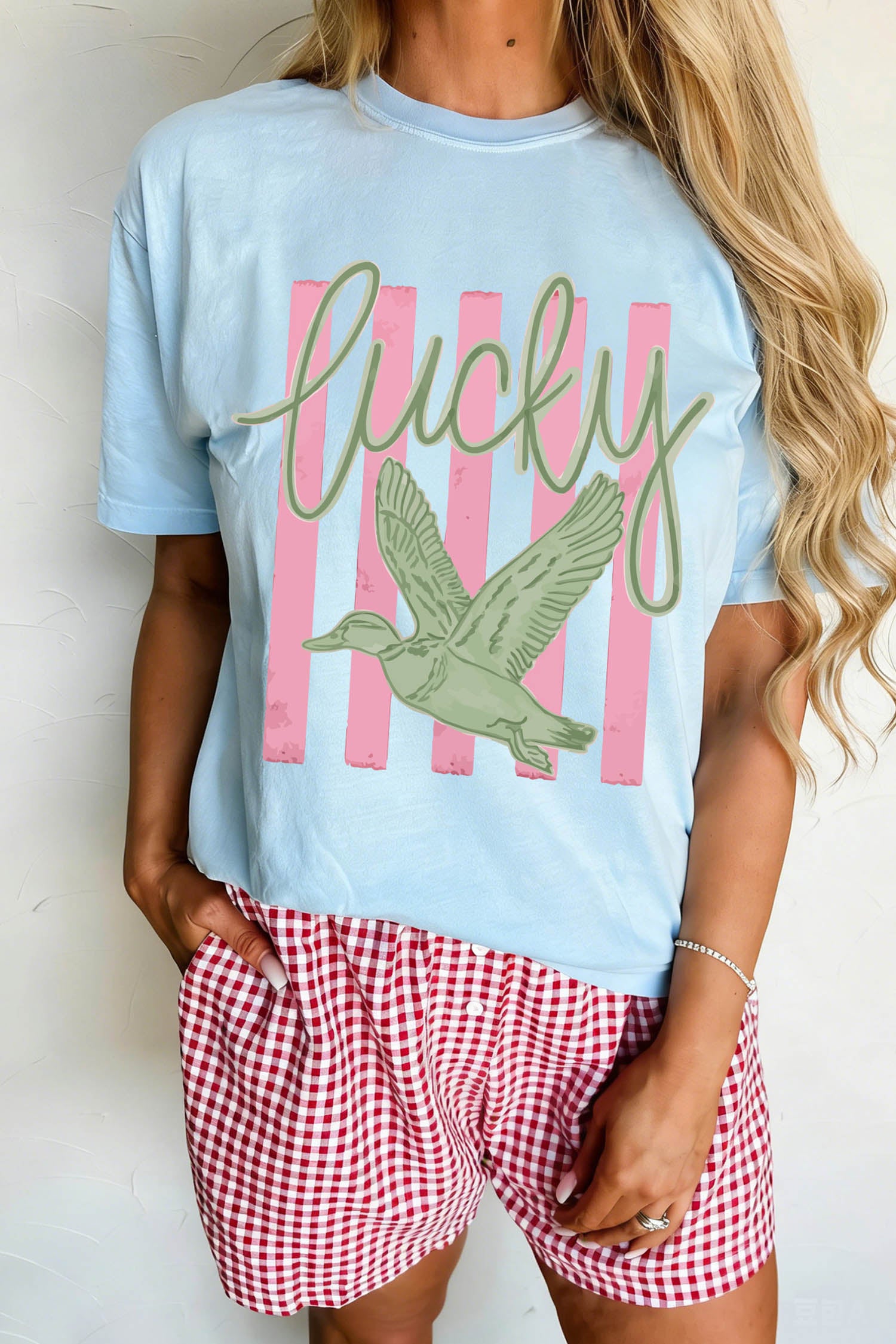 Light Blue Lucky Duck Print Casual Round Neck T Shirt - Aaria Tees Aaria Tees