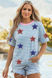 Sky Blue Stripe Patriotic Sequin Stars Decoration Short Sleeve T Shirt Aaria Tees