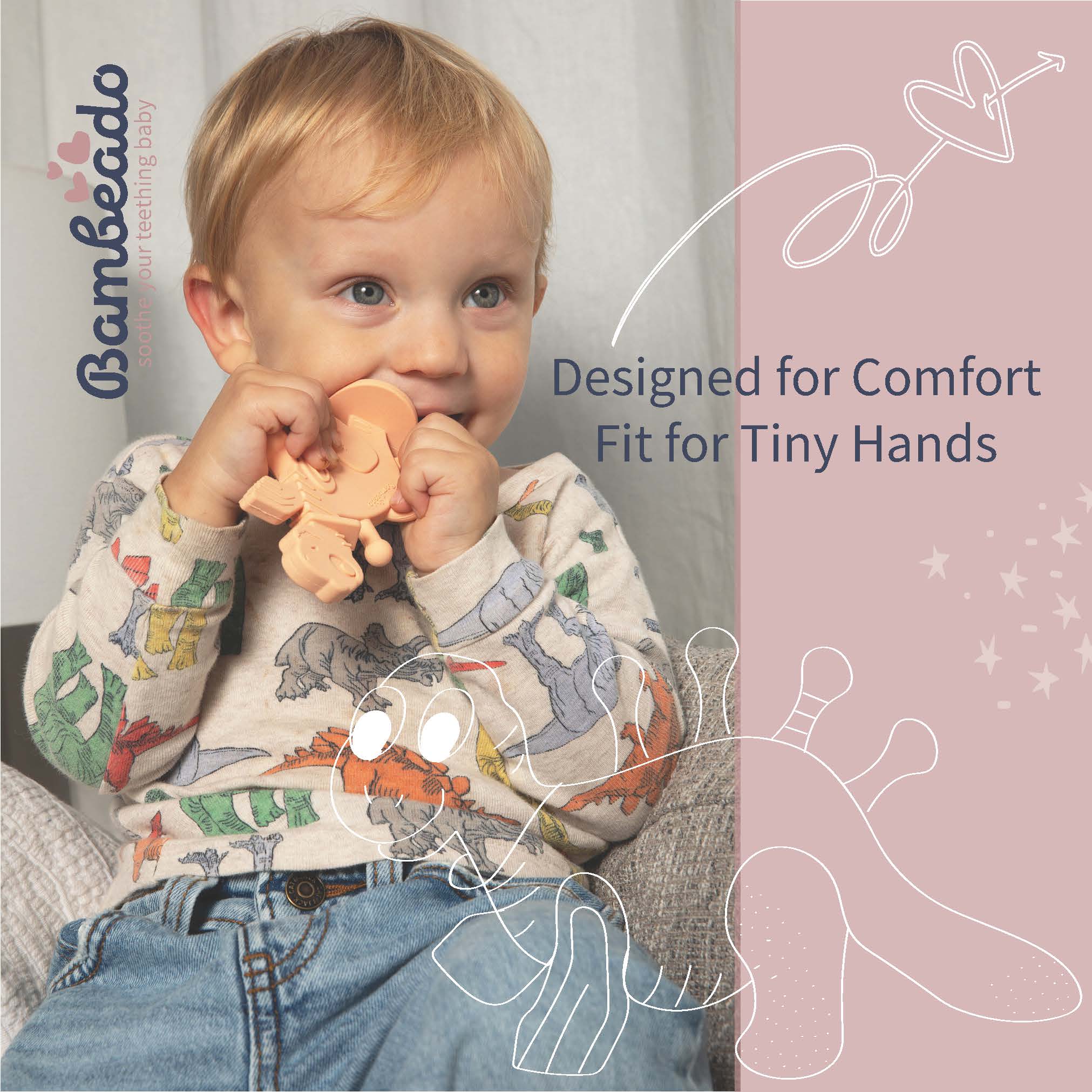 Dibly - Pink - Baltic Amber & Natural Rubber Dinosaur Teether with Toothbrush Tail - Aaria Tees Aaria Tees