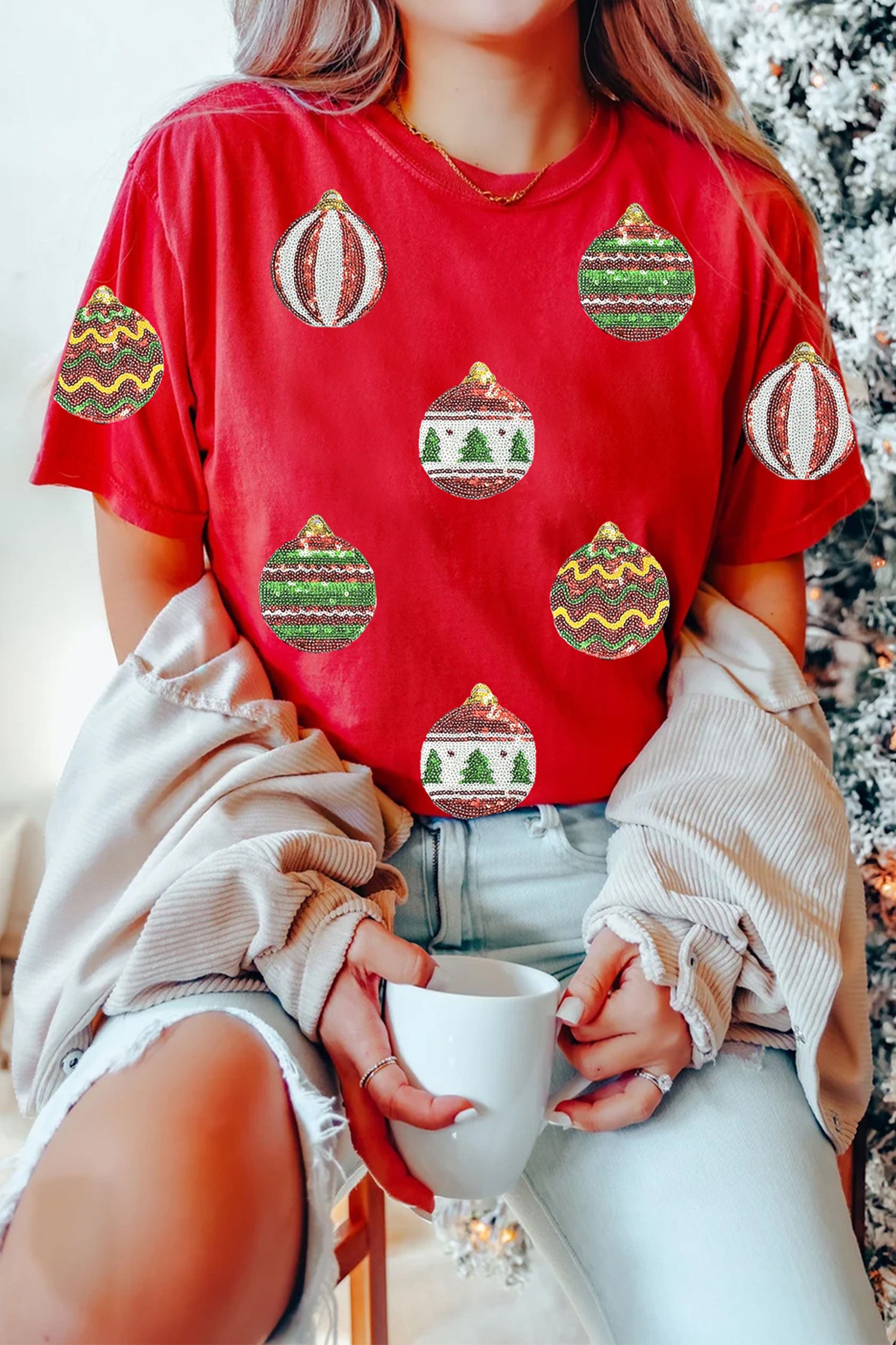 Red Christmas Ornament Bulbs Sequin Graphic Tee - Aaria Tees Aaria Tees