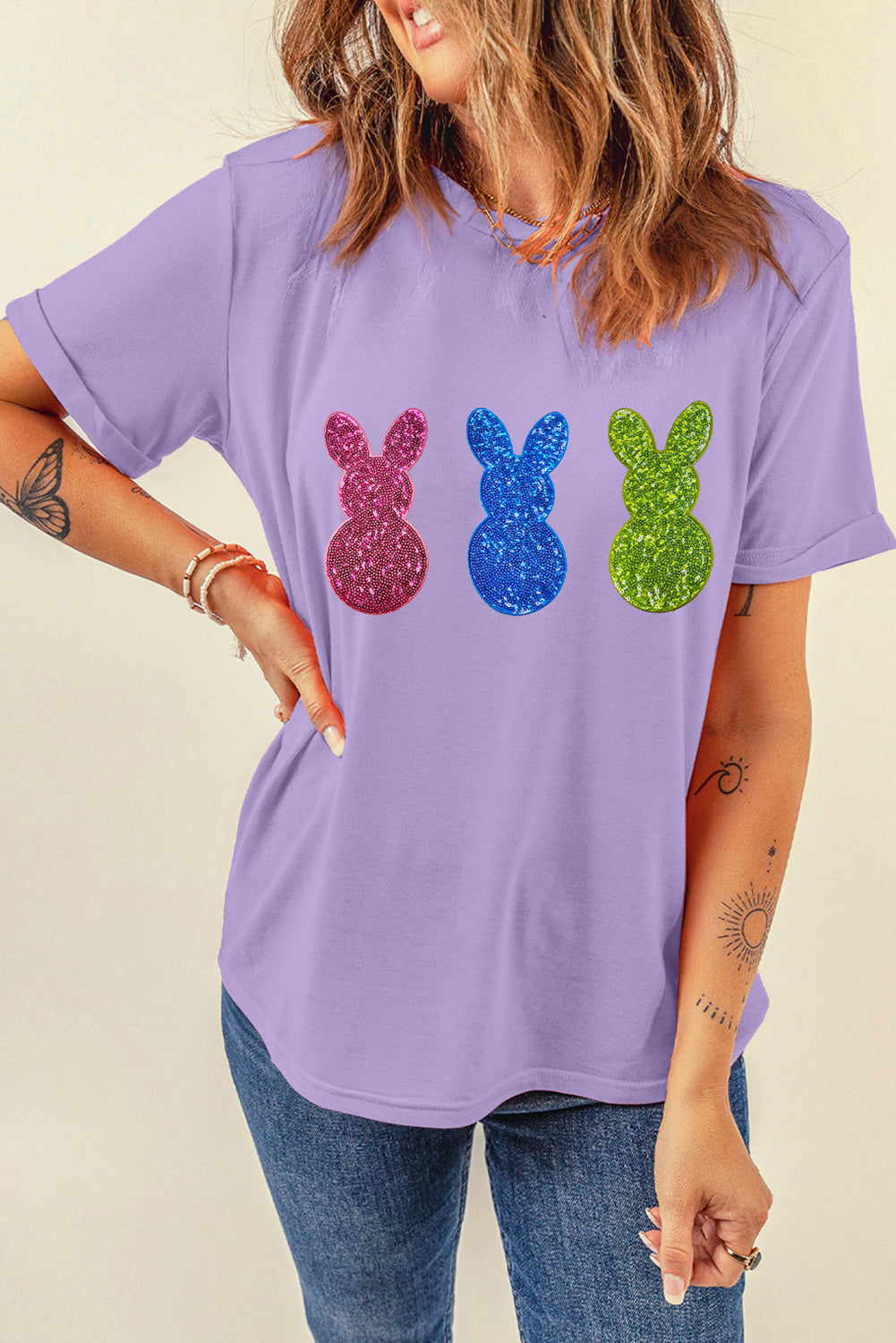 Wisteria Easter Shiny Bunny Graphic Crewneck T Shirt - Aaria Tees Aaria Tees