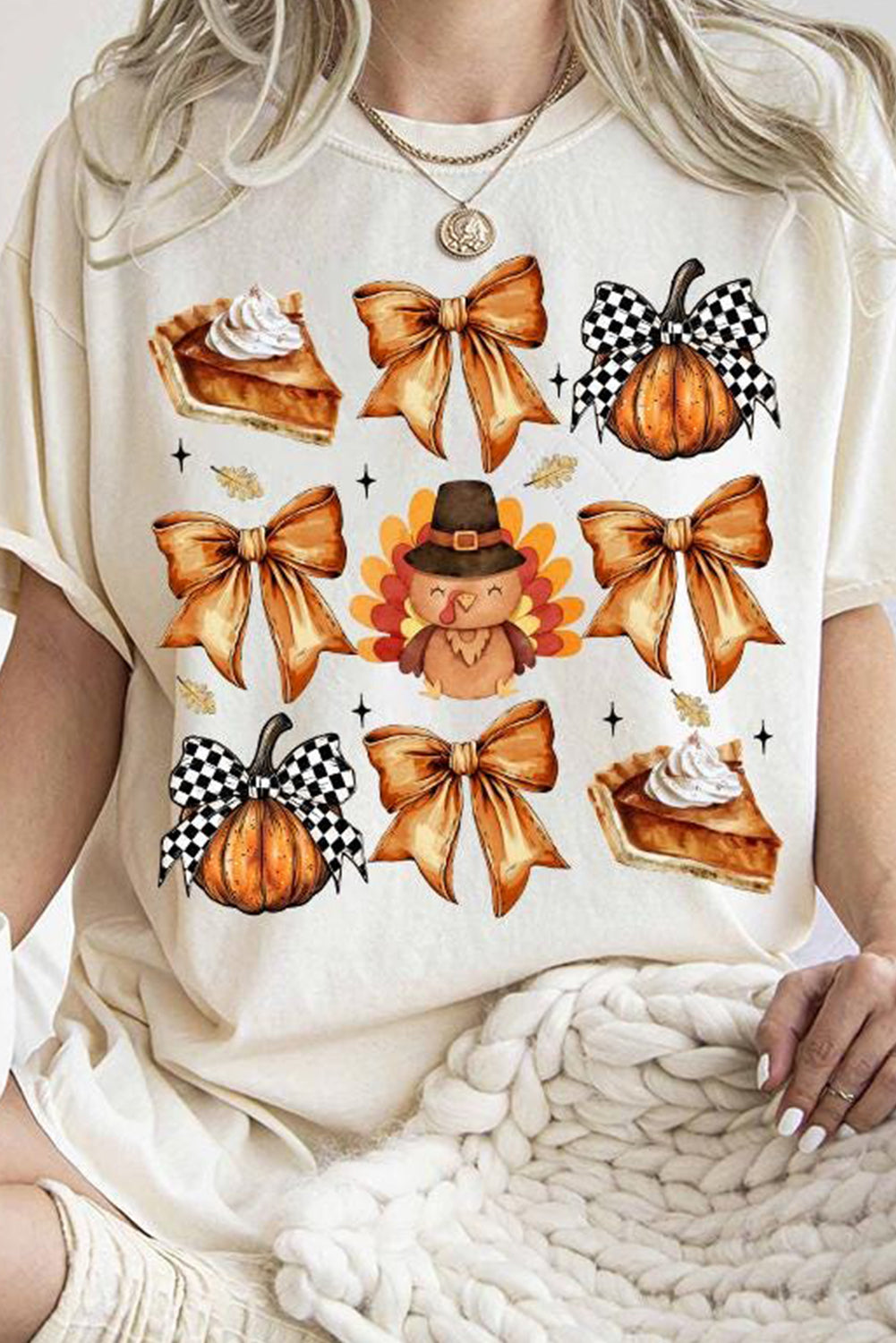 White Cute Bowknot Tanksgiving Graphic Crewneck T Shirt - Aaria Tees