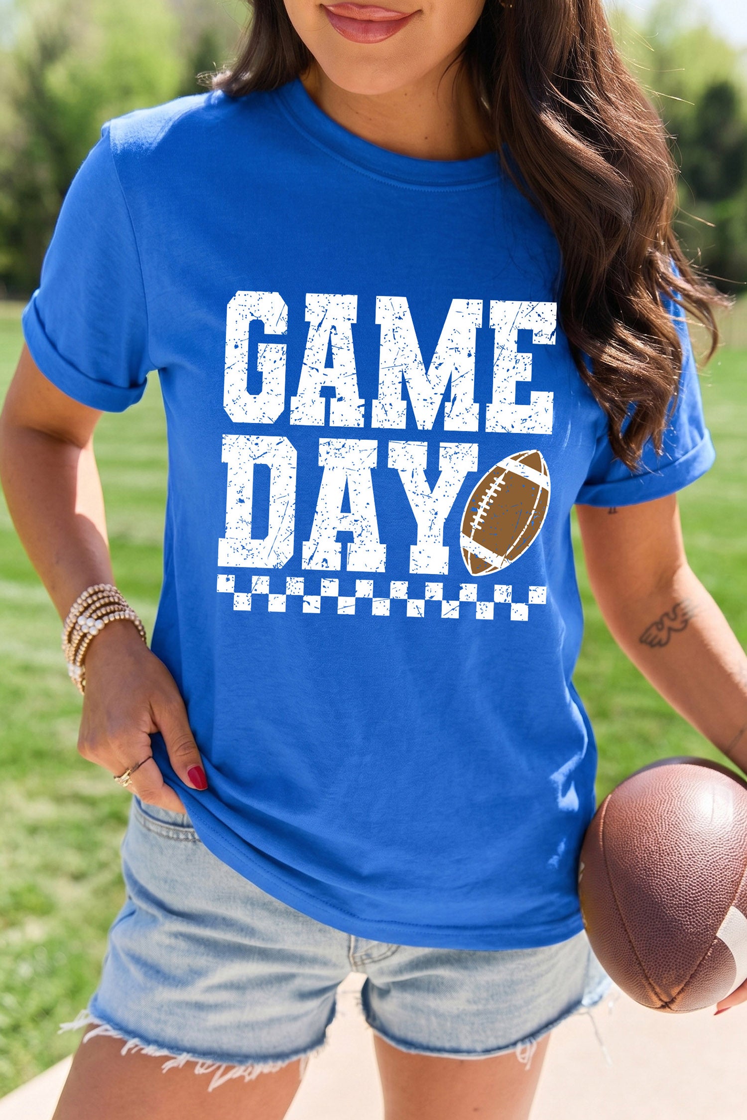 Dark Blue GAME DAY Checkered Print Rugby Graphic T Shirt - Aaria Tees Aaria Tees