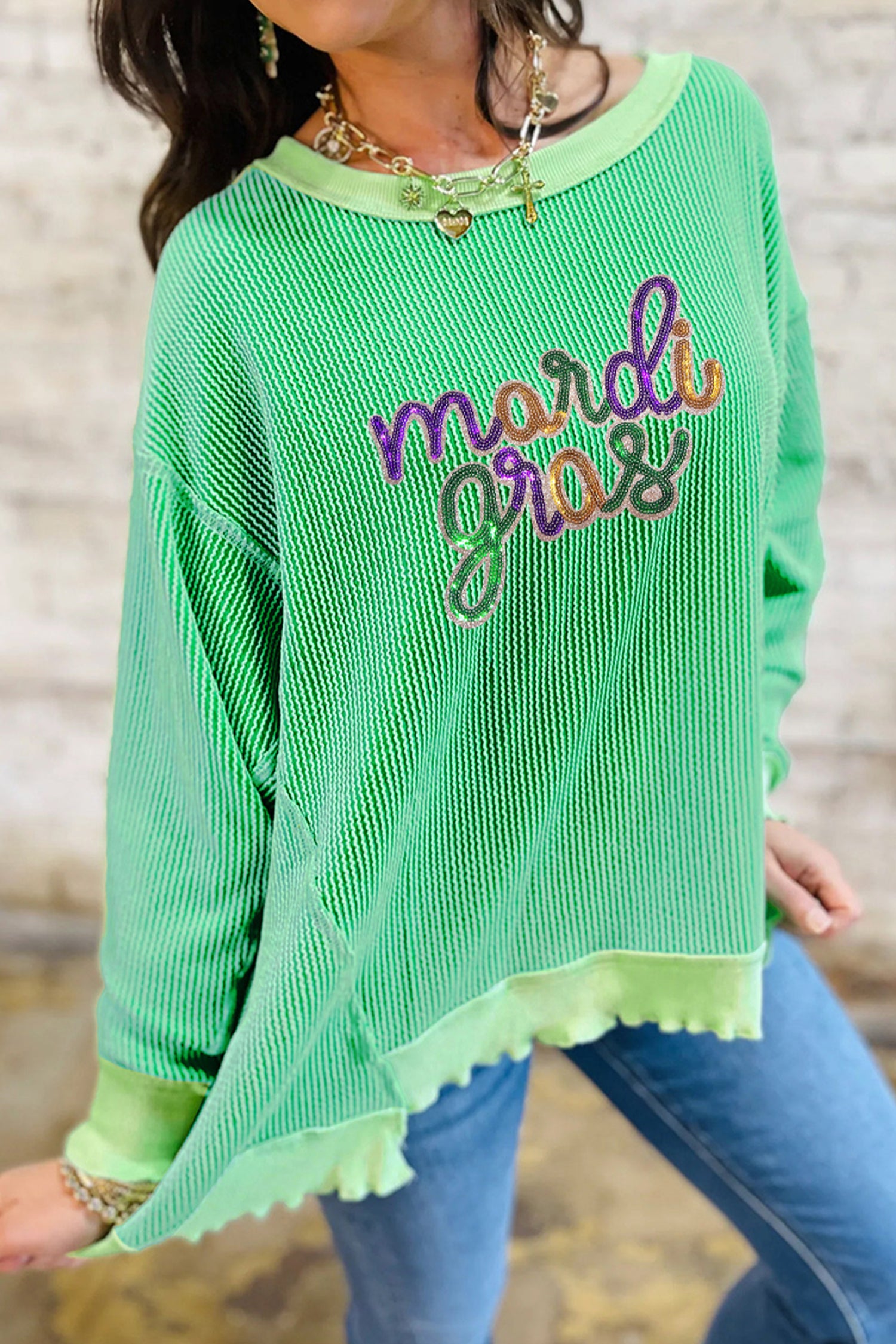 Bright Green Twisted Ribbed mardi gras Sequin Graphic Exposed Seam Patchwork Pullover Top - Aaria Tees Aaria Tees