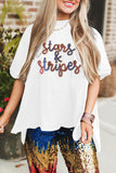 White Sequin stars & stripes Graphic Drop Shoulder Loose T Shirt Aaria Tees
