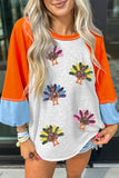 Light Grey Thanksgiving Turkey Sequin Graphic Color Block Long Raglan Sleeve Top Aaria Tees
