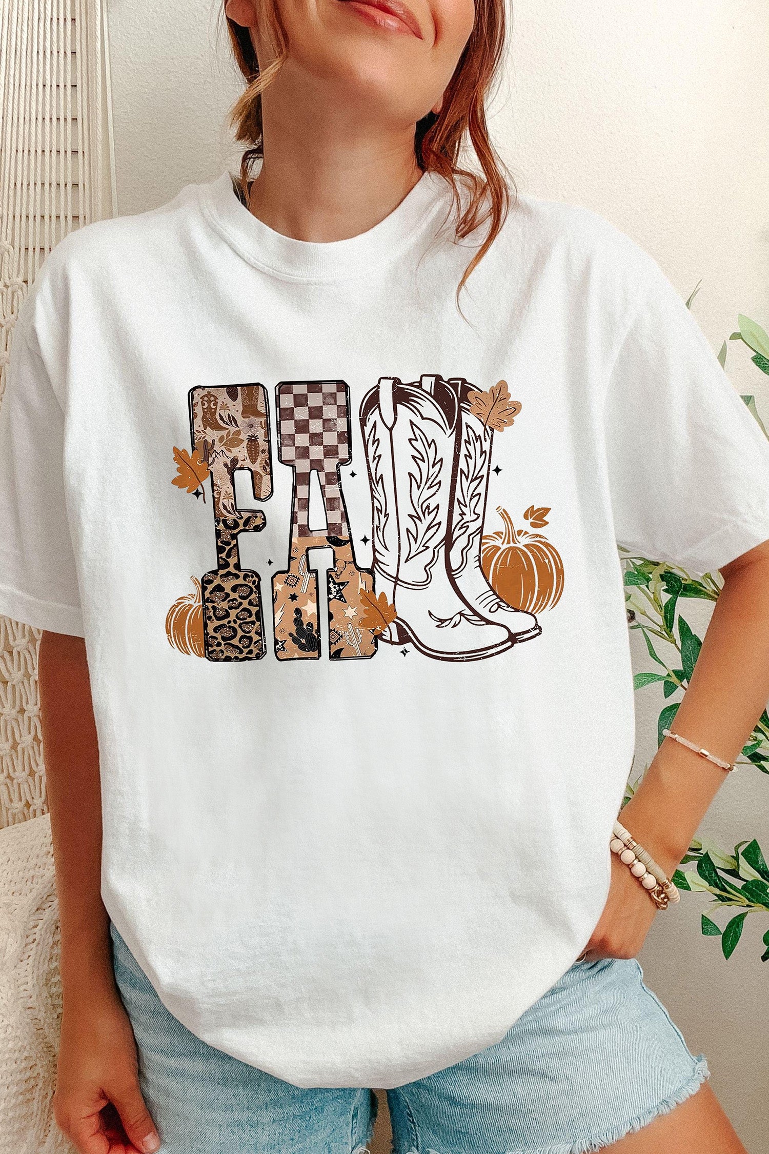 White FALL Letter Print Western Thanksgiving Graphic T-Shirt - Aaria Tees Aaria Tees
