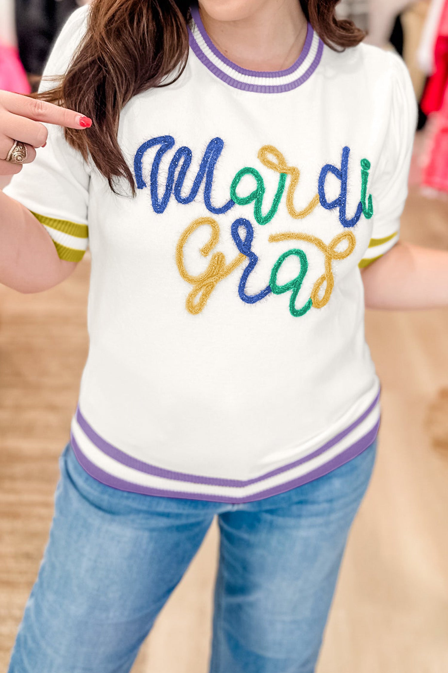White Mardi Gras Tinsel Letter Graphic Short Sleeve Sweater - Aaria Tees Aaria Tees