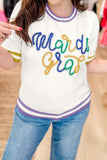 White Mardi Gras Tinsel Letter Graphic Short Sleeve Sweater - Aaria Tees Aaria Tees