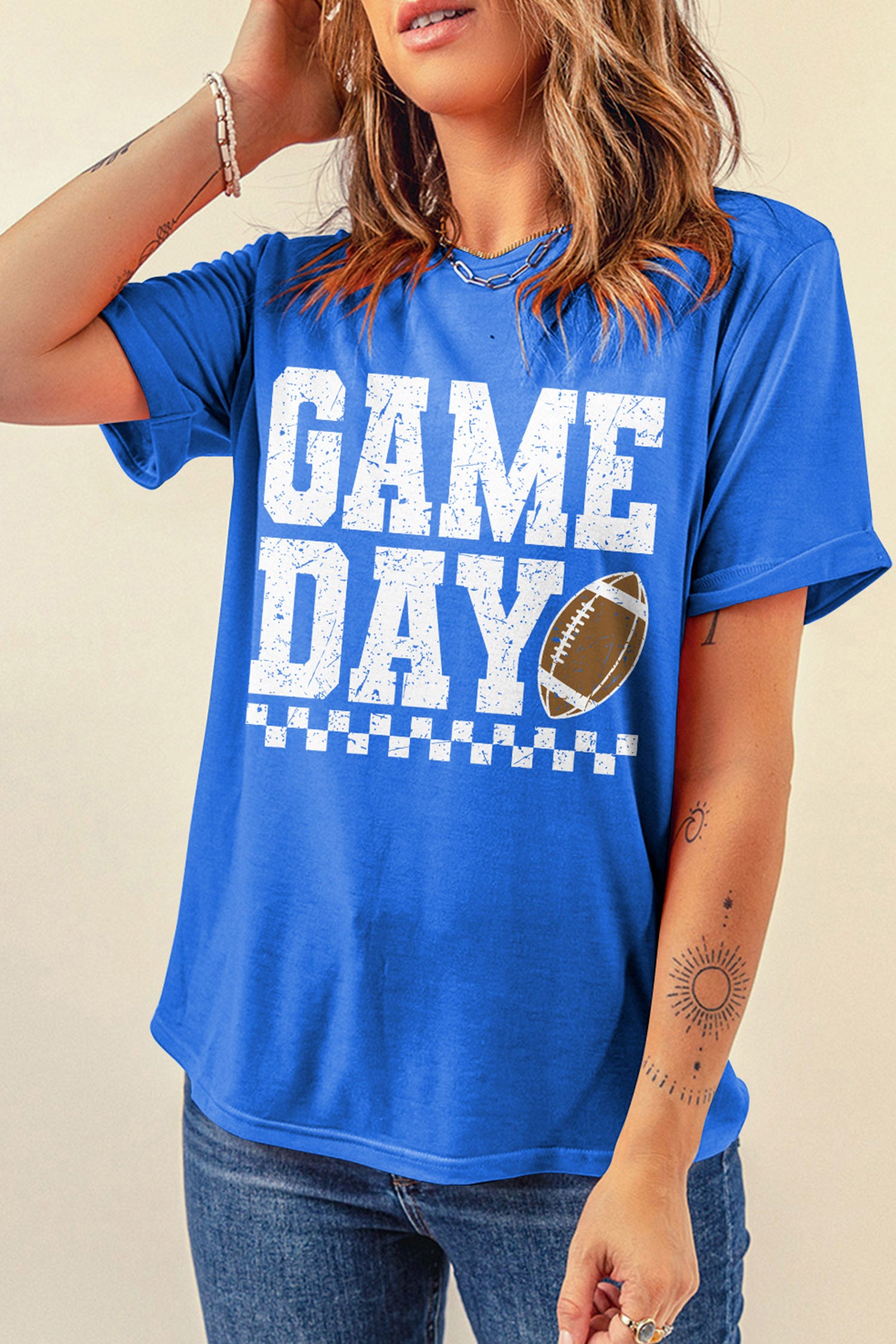 Dark Blue GAME DAY Checkered Print Rugby Graphic T Shirt - Aaria Tees Aaria Tees