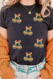 Black Sequin Pumpkin Cherry Graphic Round Neck Casual T Shirt Aaria Tees