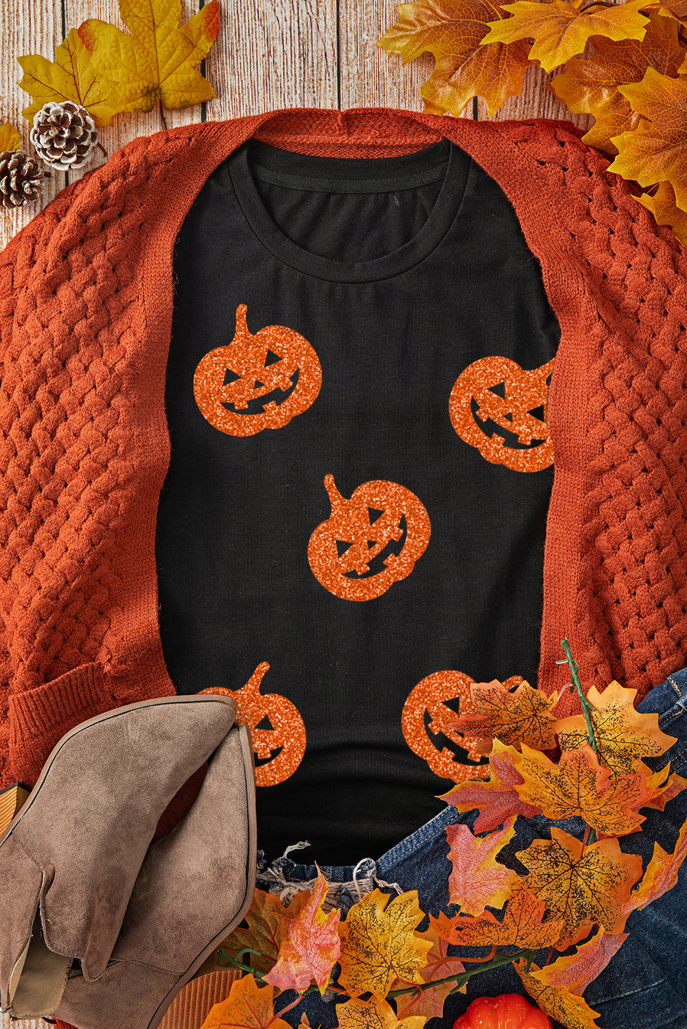 Black Glittering Pumpkin Face Graphic Crewneck Halloween T Shirt - Aaria Tees Aaria Tees