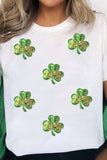 White Sequin Lucky Clover Patched Casual Round Neck Tee Aaria Tees