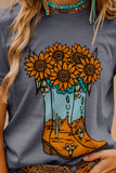 Gray Sunflower Cowgirl Boots Print Western Fashion T Shirt Aaria Tees