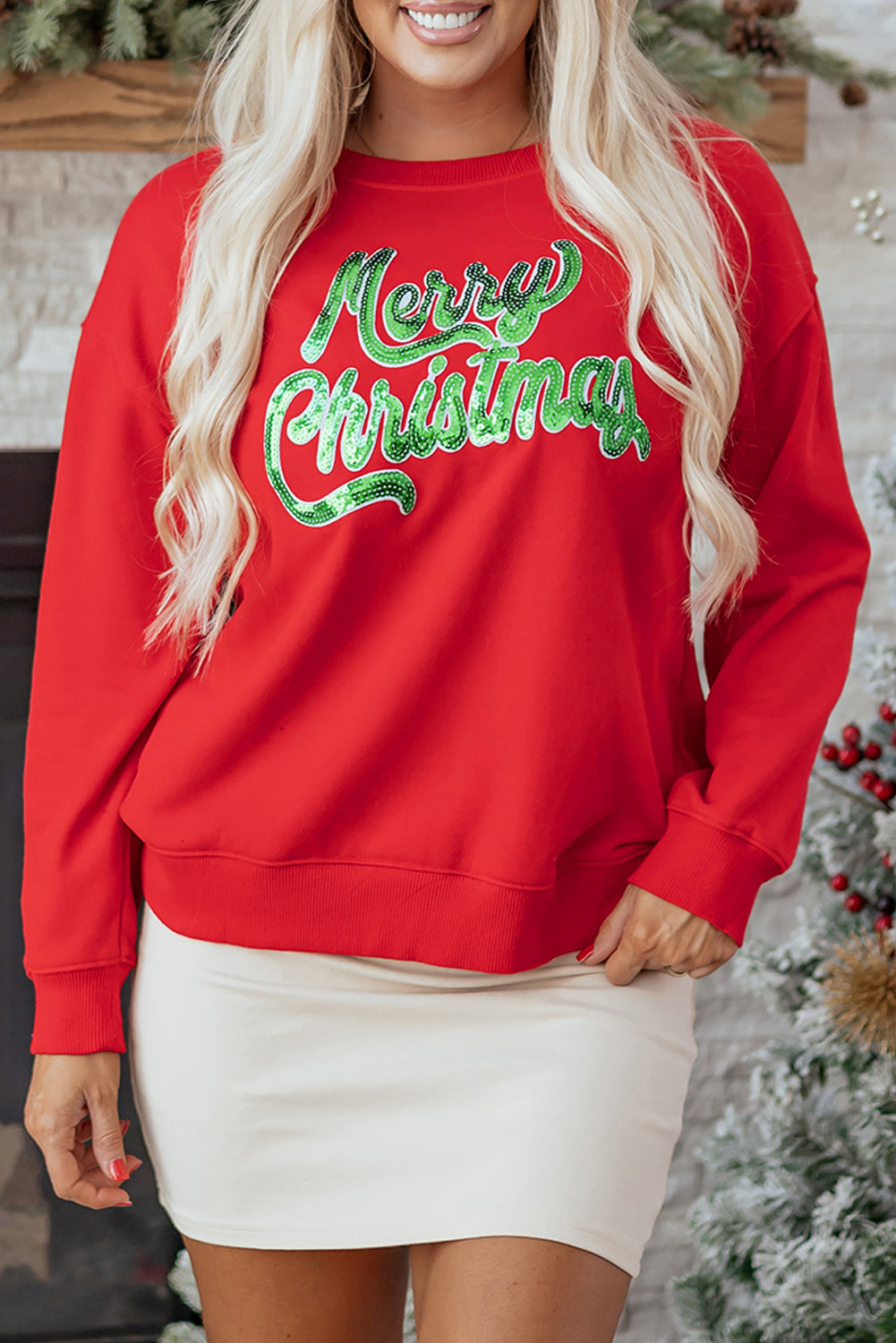 Red Merry Christmas Crewneck Drop Shoulder Loose Sweatshirt - Aaria Tees Aaria Tees