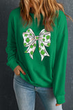 Dark Green St Patricks Clover Bow Printed Drop Shoulder Sweatshirt Aaria Tees