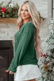 Blackish Green Twisted Rib Outlined Merry Letter Graphic Loose Long Sleeve Top Aaria Tees