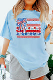 Light Blue Faux Patchwork Printed Coquette American Flag Graphic Tee Aaria Tees