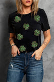 Black Sequin Leopard Clover Graphic Crewneck St Patrick Tee Aaria Tees