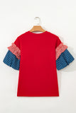 Fiery Red Sequin USA Lettering Patriotic Contrast Splicing Sleeve Top Aaria Tees