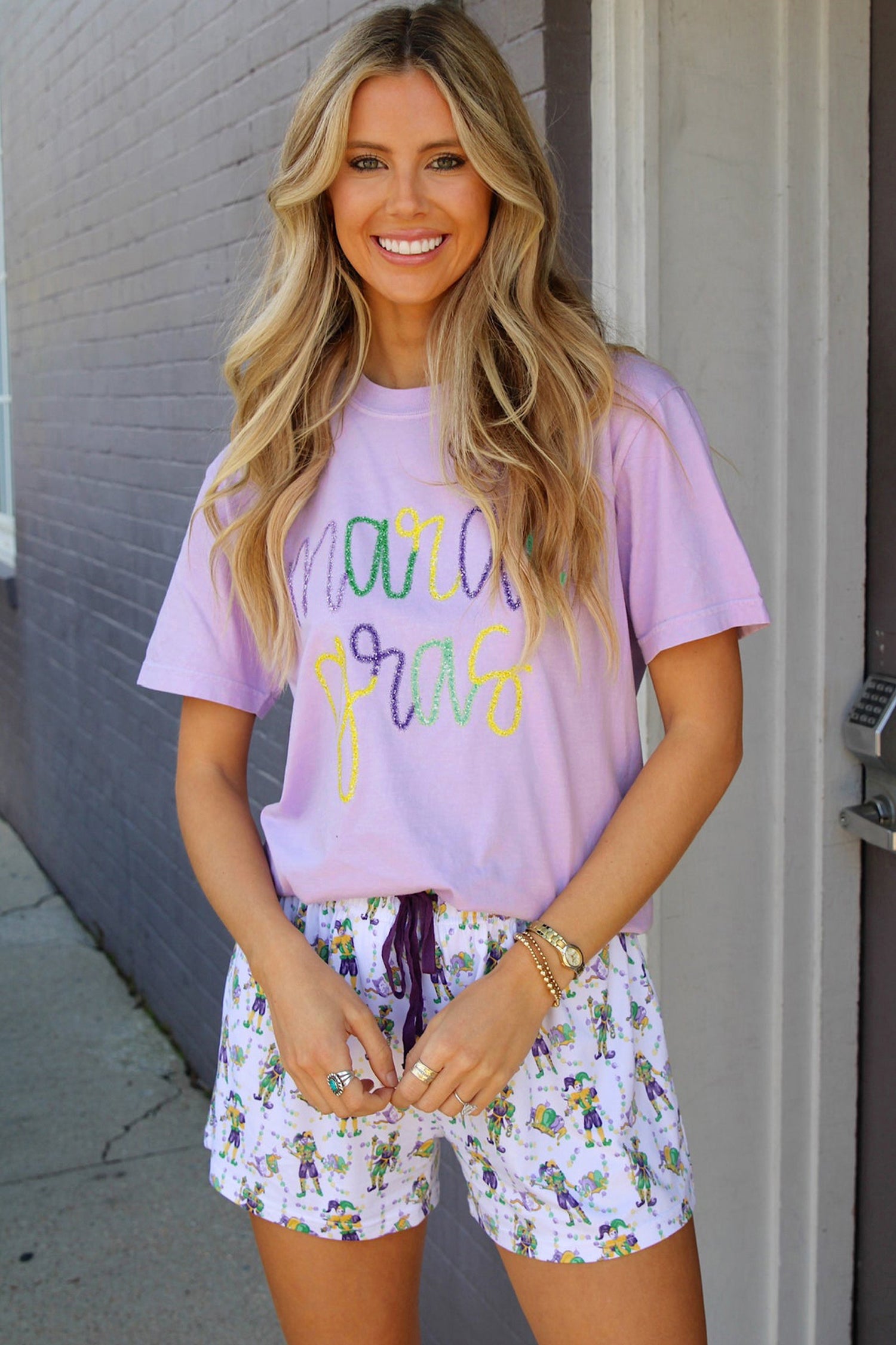 Lavendula Mardi Gras Tinsel Letter Graphic Loose T Shirt - Aaria Tees Aaria Tees