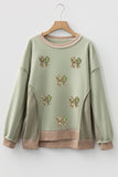 Smoke Green Sequin Bow Patchwork Waffle Colorblock Loose Sweatshirt Aaria Tees