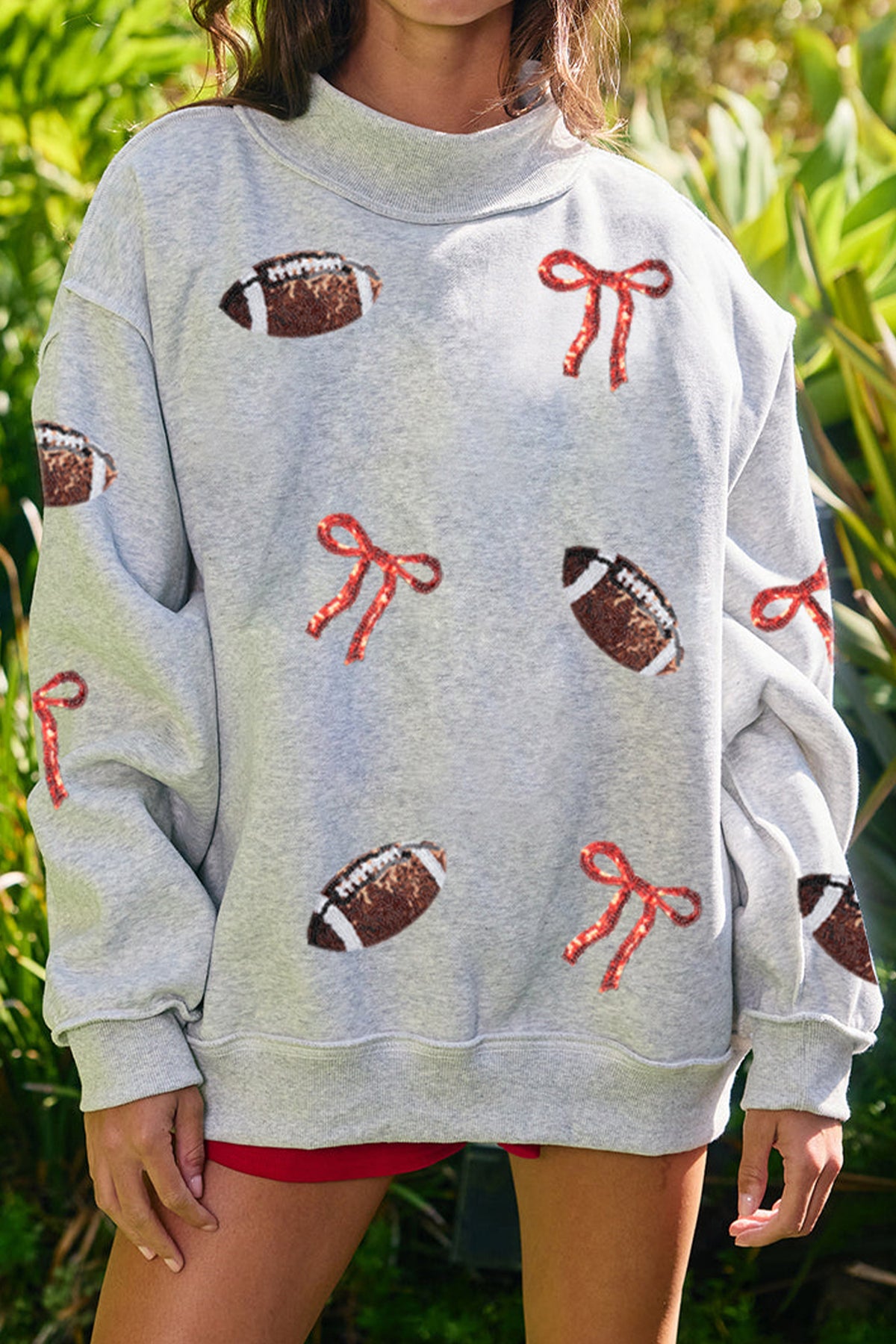 Light Grey Sequin Rugby Bow Graphic Mock Neck Relaxed Pullover Sweatshirt