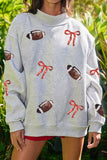 Light Grey Sequin Rugby Bow Graphic Mock Neck Relaxed Pullover Sweatshirt Aaria Tees