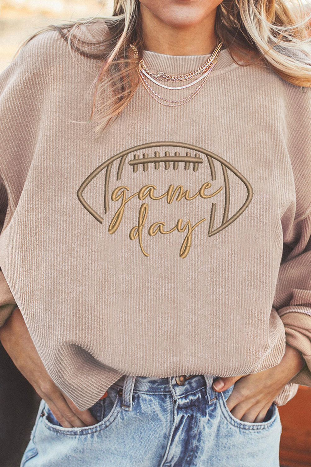 Dark Blue Rugby Game Day Embroidered Corduroy Sweatshirt - Aaria Tees Aaria Tees