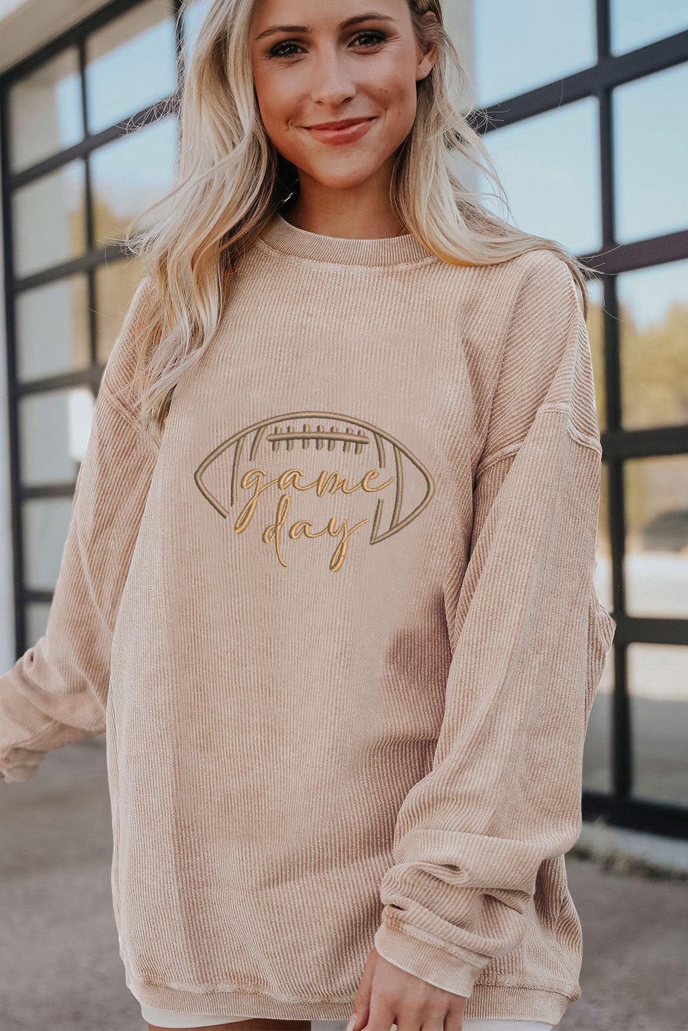 Dark Blue Rugby Game Day Embroidered Corduroy Sweatshirt - Aaria Tees Aaria Tees